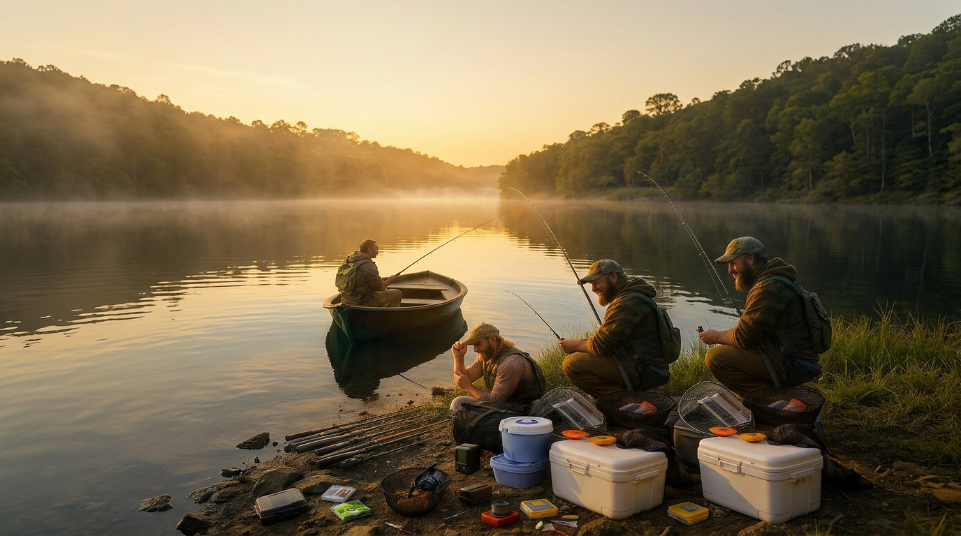 Pescadores ao nascer do sol em lago calmo